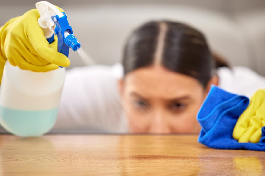 make sure be thorough shot young woman spraying cleaner her coffee table