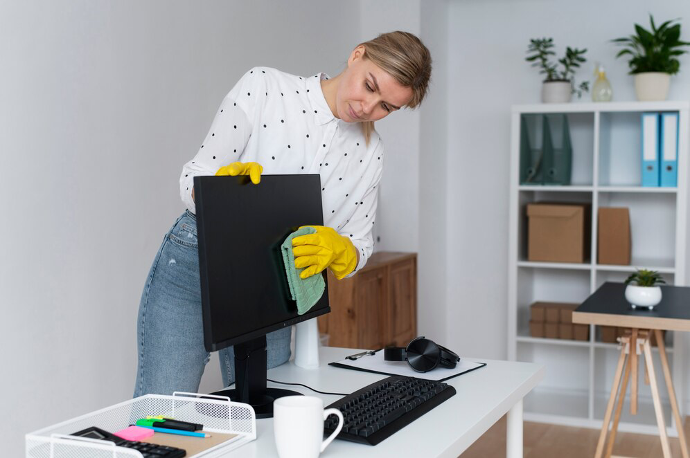 woman cleaning computer screen