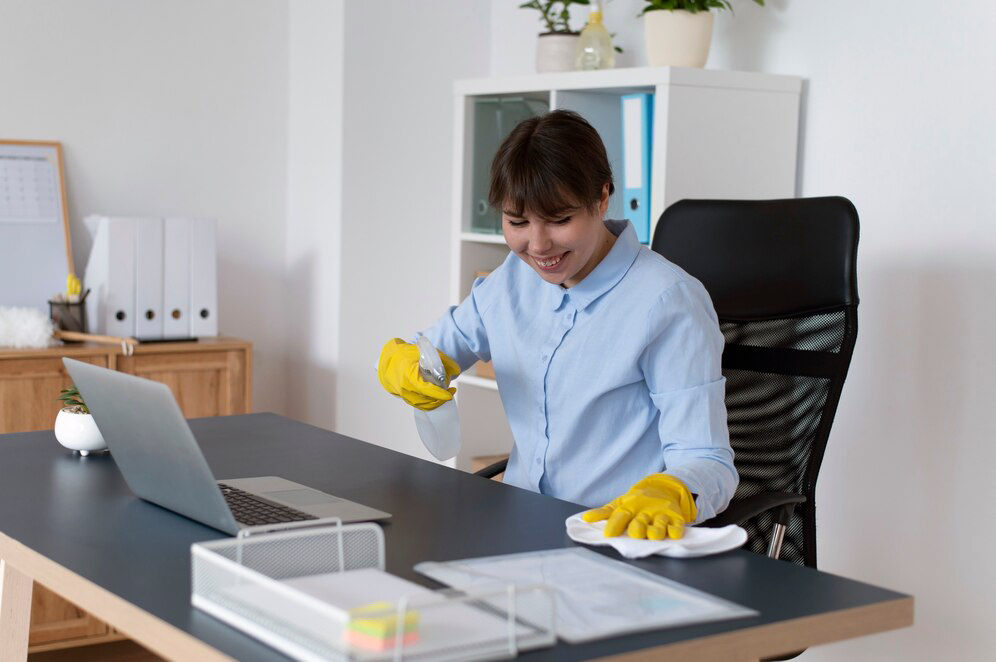 happy person cleaning table